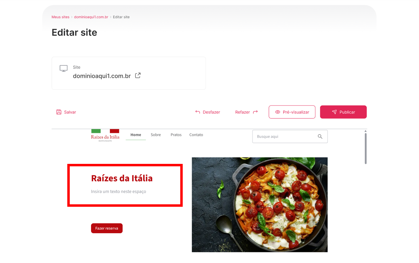 [Alt text: Imagem da área de edição de um site. Um bloco de texto da página está em destaque.